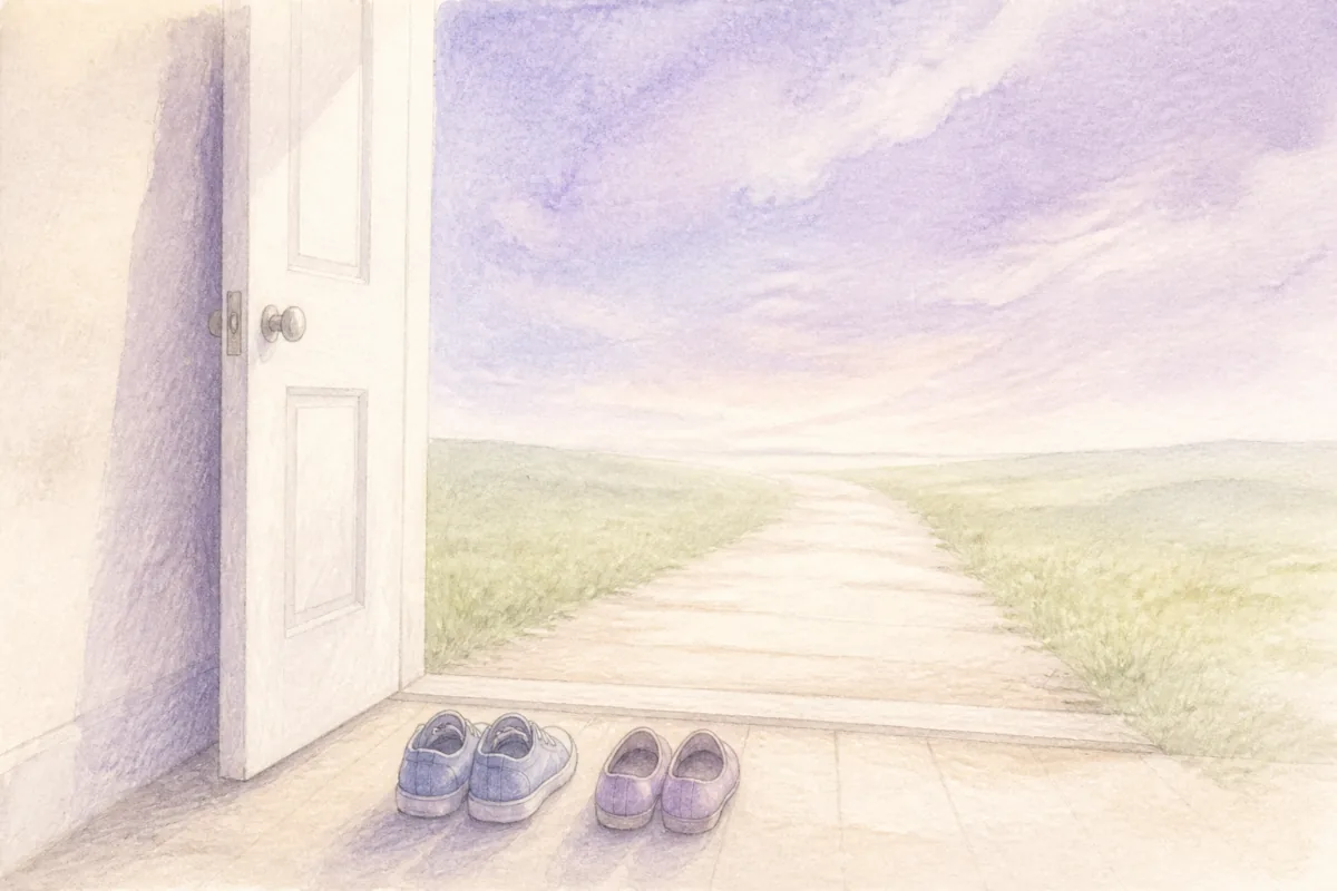 朝の玄関から野原の一本道へつづく水彩イラスト