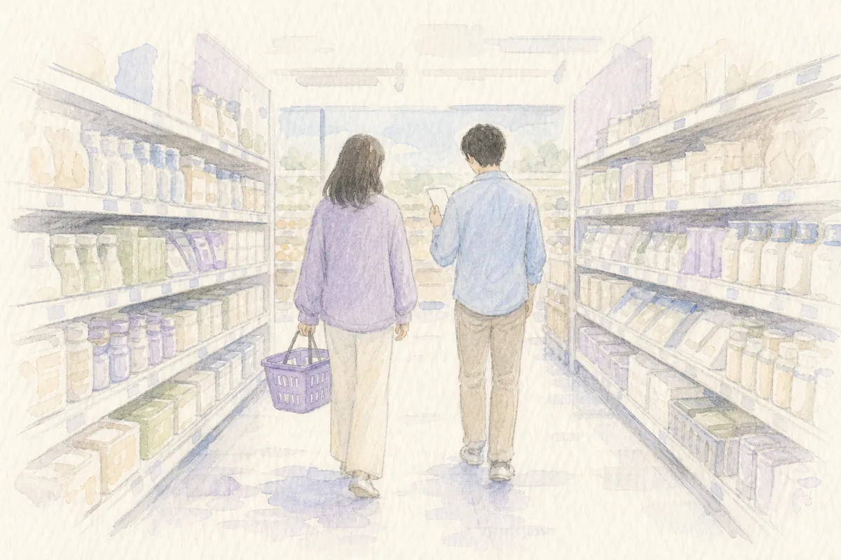 スーパーの通路を歩く支援者と利用者の後ろ姿の水彩イラスト