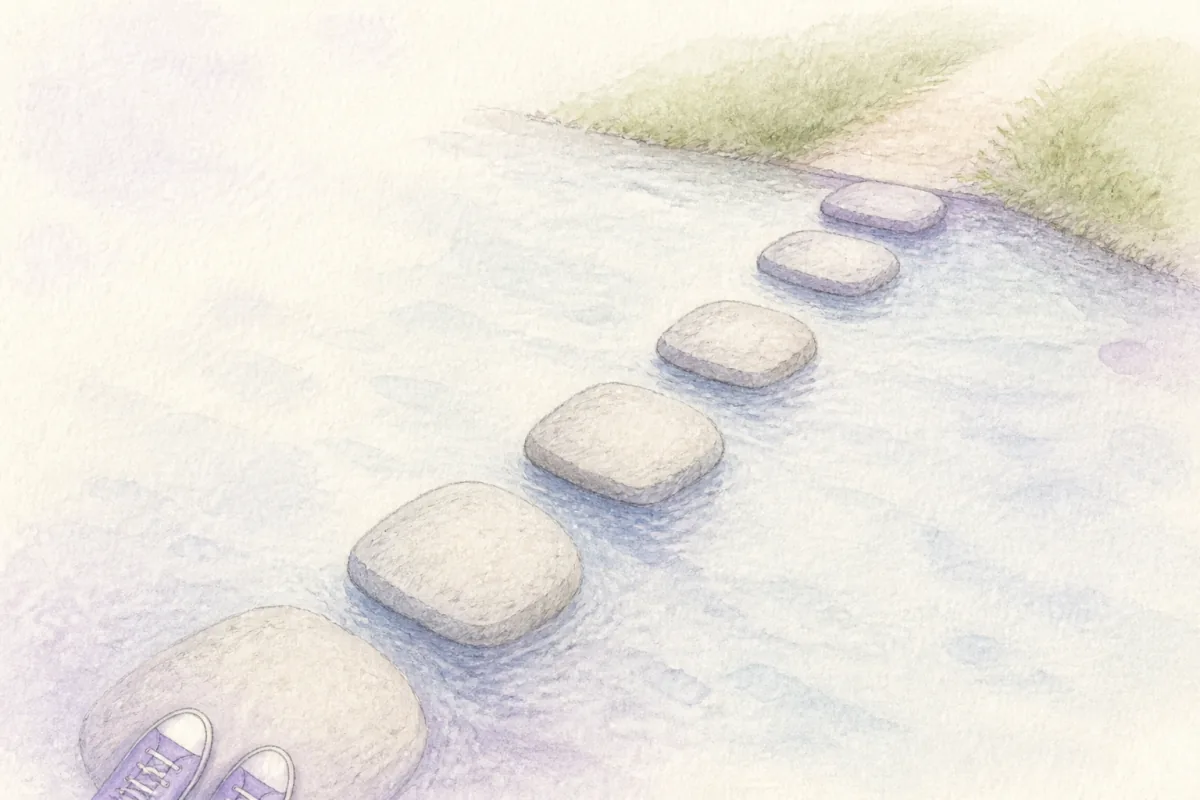 向こう岸へつづく飛び石と、最初の石の上のスニーカーの水彩イラスト