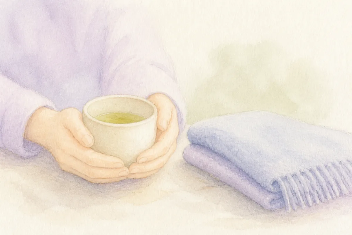 湯のみを両手で包む手元とひざ掛けの水彩イラスト