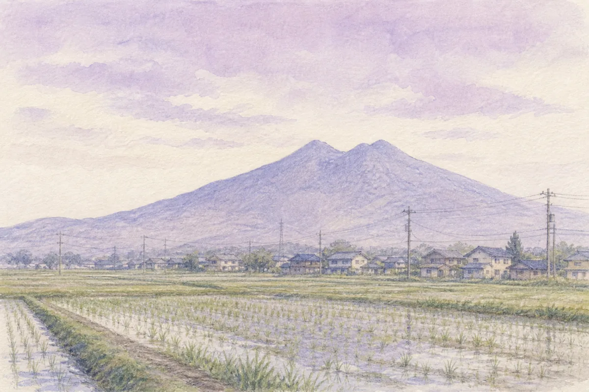 茨城県南の田園と筑波山の遠景の水彩イラスト