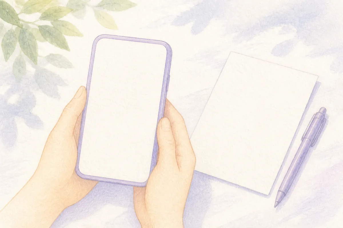 スマートフォンを持つ手元とメモ帳の水彩イラスト