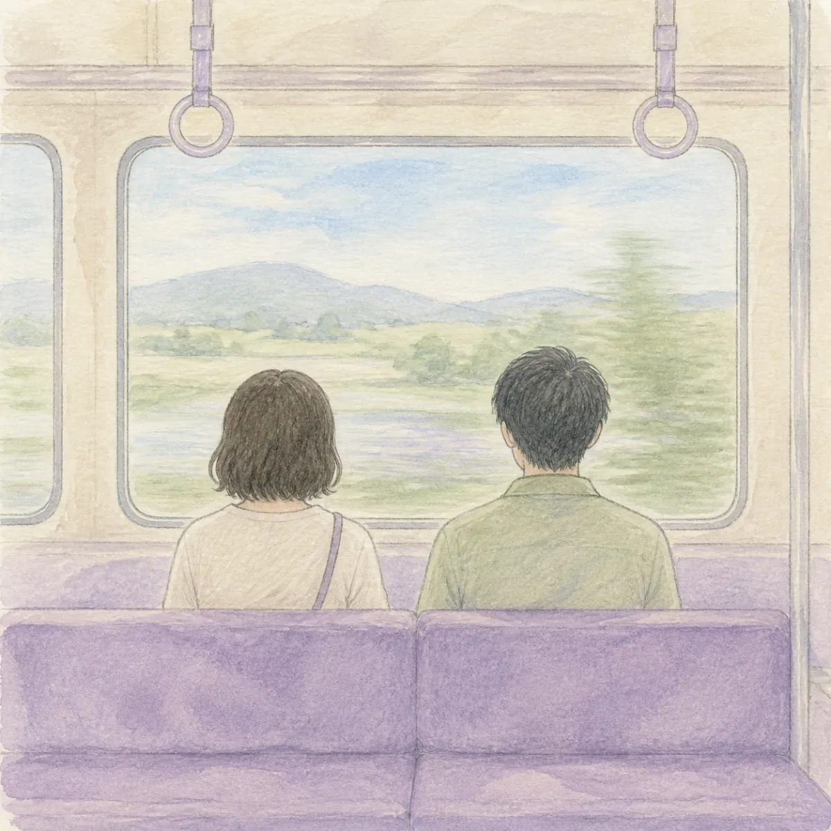 電車の座席に並んで座る支援者と利用者の後ろ姿の水彩イラスト