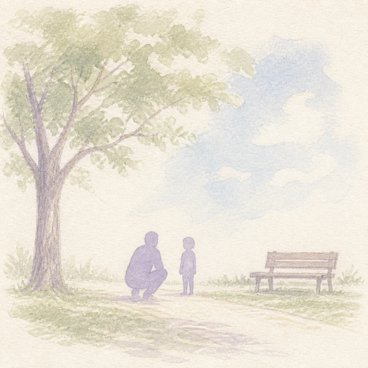 公園でしゃがんで子どもと目線を合わせる支援者の水彩イラスト