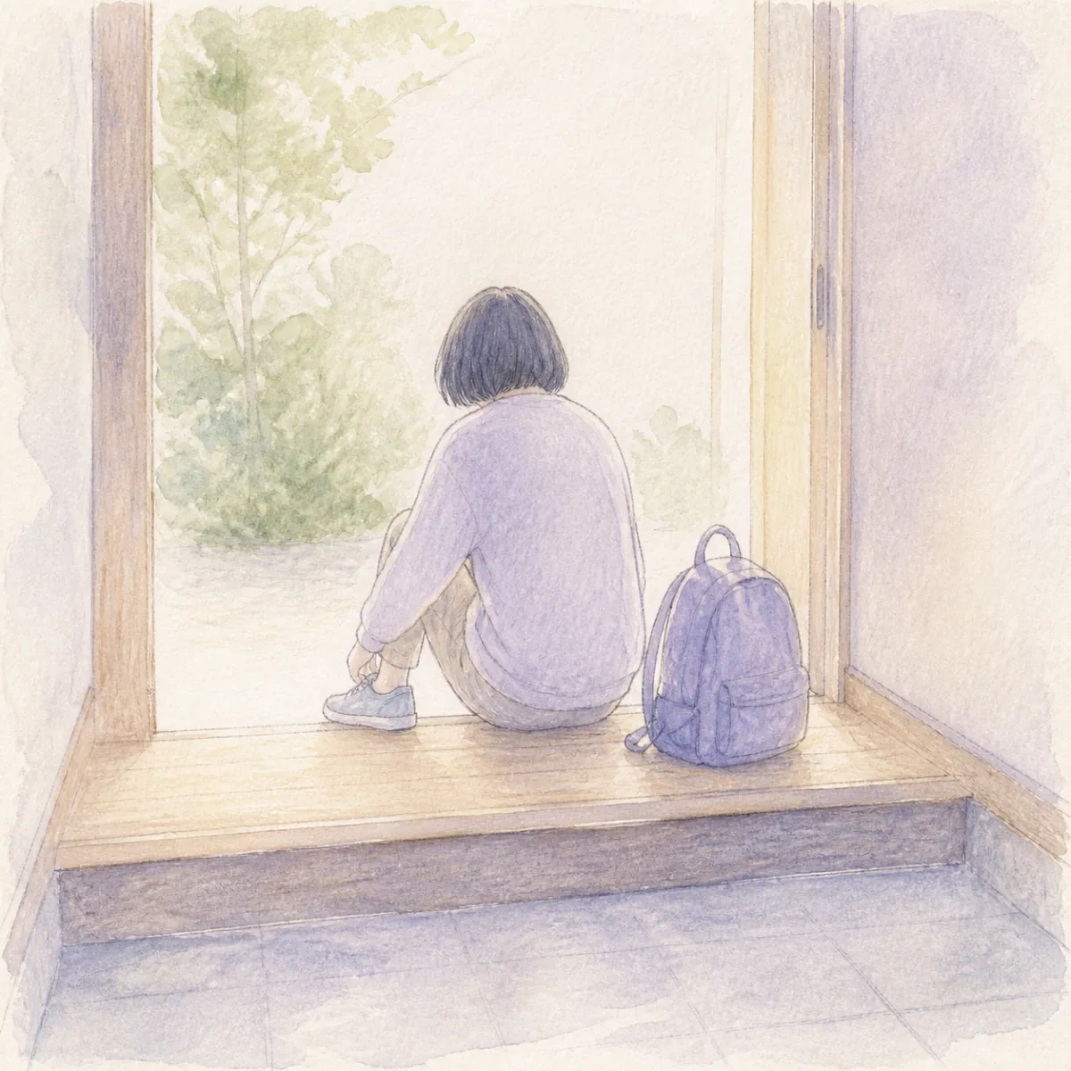 玄関で靴を履くのをゆっくり待つ時間を描いた水彩イラスト